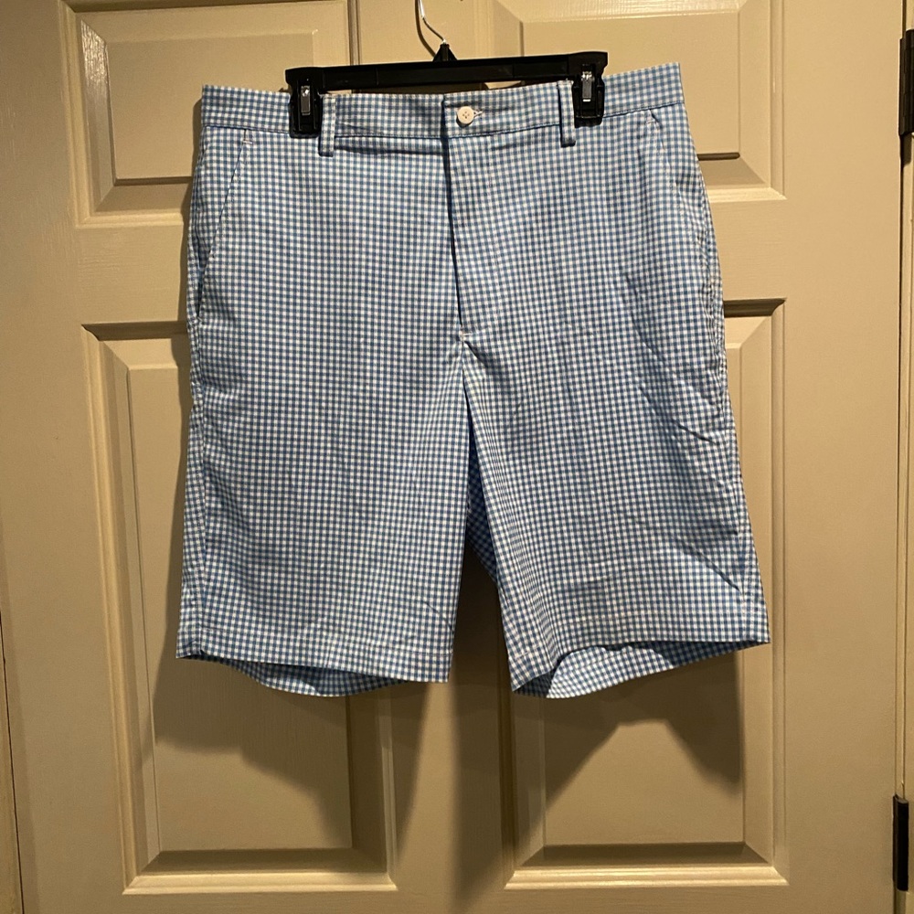Foot Joy FJ Shorts Mens 36 Lt. Blue  and white checked  Golf shorts(k1)